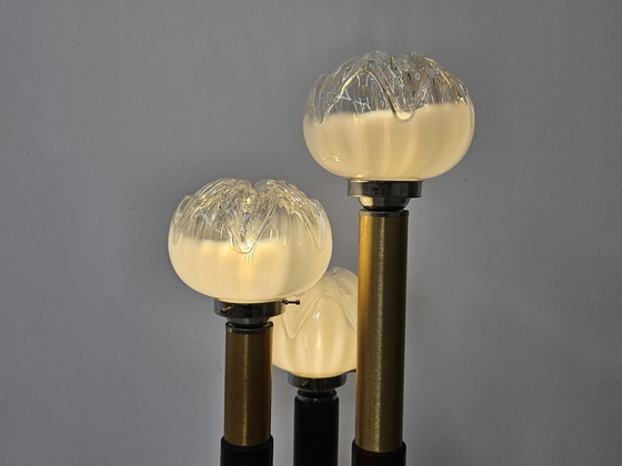 Image 1 of Lámpara de pie de cristal de Murano de mediados de siglo en madera y metal con tres puntos de luz, década de 1970