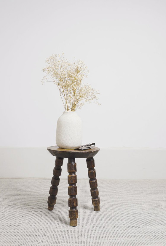 Image 1 of Vintage Bobbin Turned Wooden Stool Plant Stand Brutalist Rustic Tripod Stool Farmhouse Wabi Sabi Decor