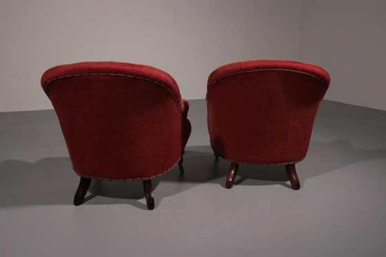 Image 1 of Pair of French Red fabric Button Back Armchairs 