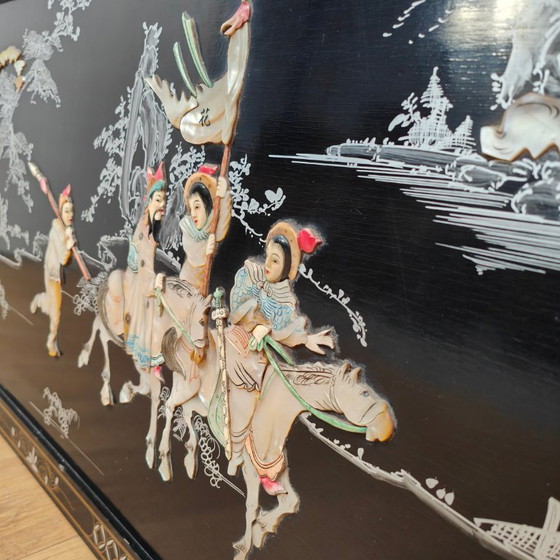 Image 1 of Vintage Chinoiserie black lacquered wall panel with mother-of-pearl inlay