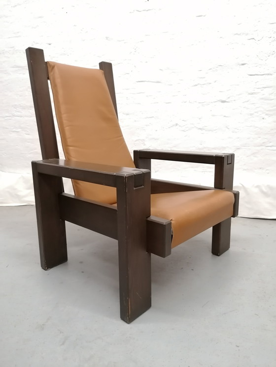 Image 1 of Brutalist style armchair, wood and leather, 70s