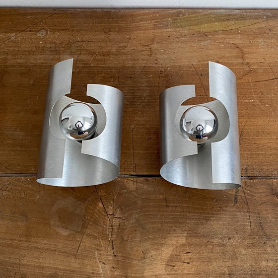 Pair of Oxar Wall lights. 1970. Brushed stainless steel., Metal, Silver (photo 2 of 7)