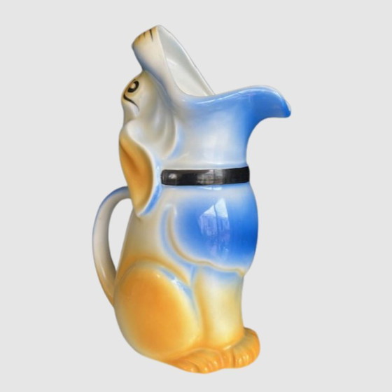 Image 1 of Brocca Art Déco blu-gialla a forma di cane – Brocca Mosa Maastricht – Vaso-Brocca in ceramica olandese degli anni '20