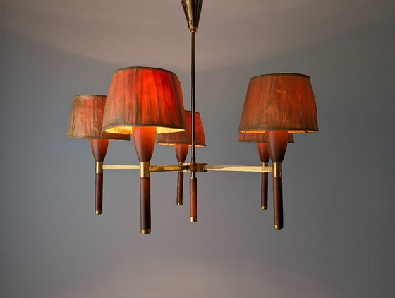 Image 1 of Danish Five-Arm Chandelier in Wood and Brass, 1950s
