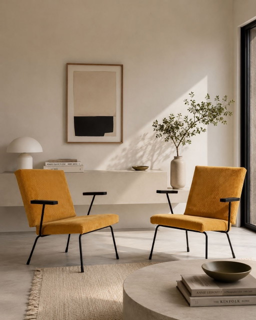 2 Vintage Gispen Sessel Modell 1407 Wim Rietveld Yellow Rib – fauteuils, Polyester, Metal (photo 2 of 15)