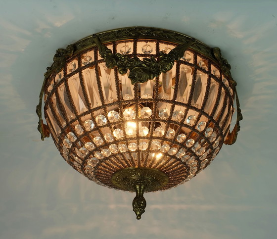 Image 1 of grande lampada da soffitto glamour anni '60 cristalli di vetro bronzo stile hollywood regency anni '60-'70