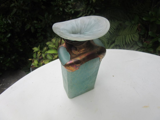 Image 1 of Raku-Vase (Knospenvase), signiert, Studiokeramik, Kunstglas/Metallic