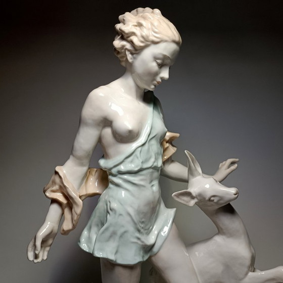 Hutschenreuther - Semi-nude Lady and Deer - 52,5cm - Porcelain, Sculpture, Creme (photo 10 of 22)