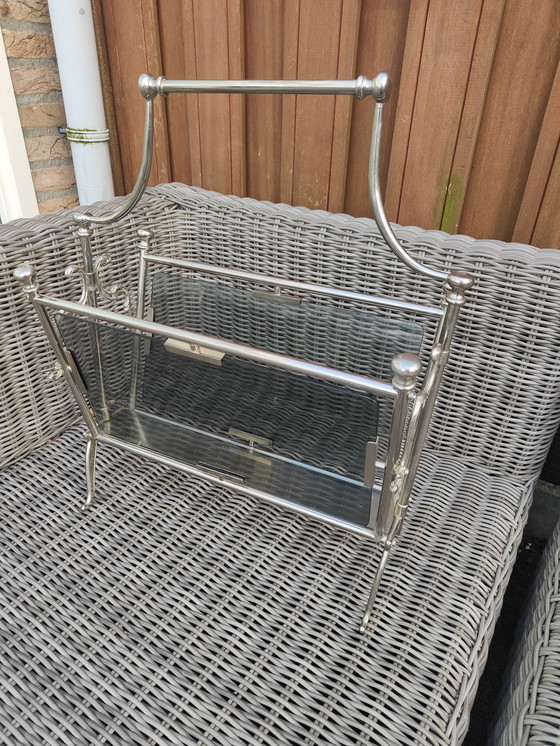 Image 1 of Vintage Magazine Rack of Brass and Glass Maison Bagues