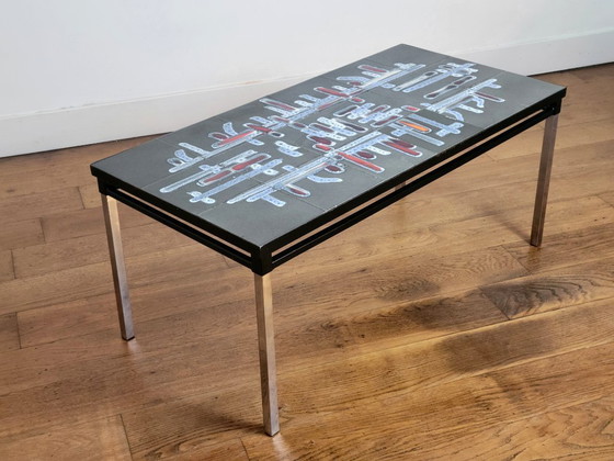 Image 1 of Table basse vintage avec plateau en céramique, signée Adri Belgium.