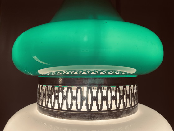 Image 1 of Portuguese Mid Century Modern Green Opaline Milk Glass Chandelier for High Ceilings, 1940s-50s