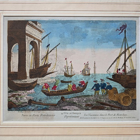 Image 1 of Antique optical engraving of the Port of Rotterdam, 18th century