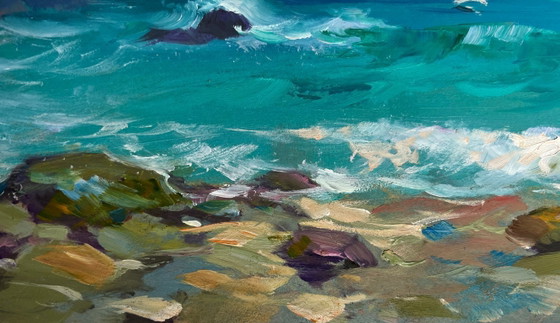 Image 1 of Original Oil Painting Coastal Sea Landscape Seagulls flying over the sea
