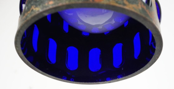 Image 1 of Lámpara colgante moderna de mediados de siglo en cobre flameado y vidrio azul, década de 1960