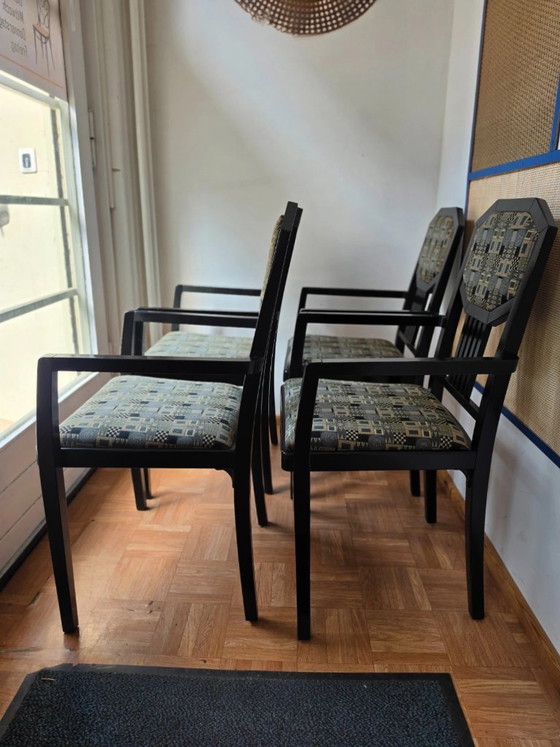 4 original Thonet Vintage Armchairs, polygonal back & patterned upholstery, Dining chairs, Wood, Grey (photo 4 of 12)