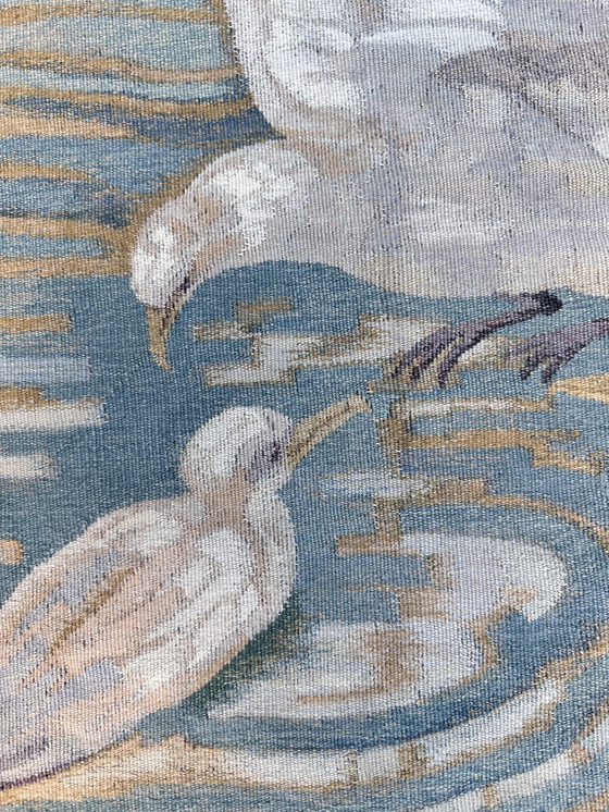 Image 1 of Monumental Art Deco Tapestry - Seagulls at Dukdalf - ca. 1930 - Handcrafted with Monogram.