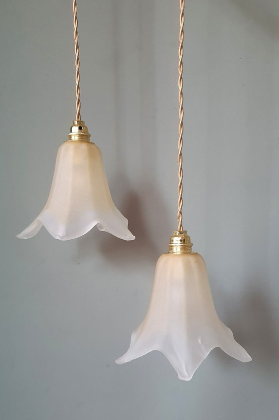 Image 1 of Set di 2 lampade a sospensione vintage in vetro di Murano a forma di calice