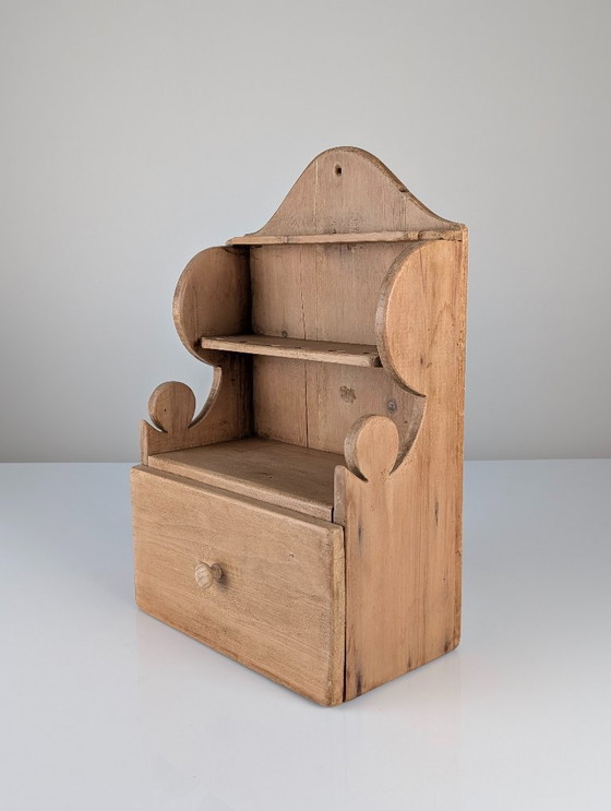 Image 1 of Hand-Carved Folk Art Pine Cutlery Rack with Drawer, 1950s