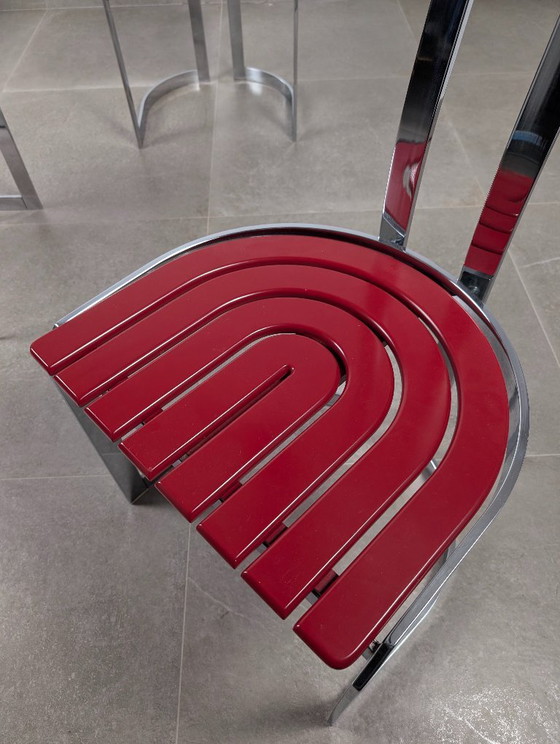 Image 1 of Sedie postmoderne in cromo e legno rosso, set di 4, anni '80