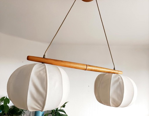 Vintage Scandinavian pendant light, wood and fabric