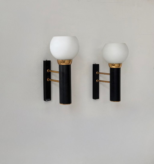 Coppia di applique vintage, ottone opalino e metallo nero opaco, Francia, 1950