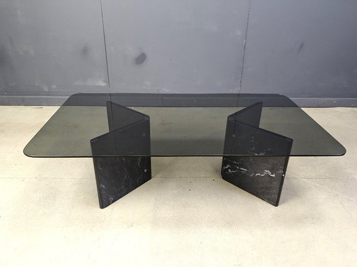 Coffee table in veined black marble and smoked glass top, Italy 1970s