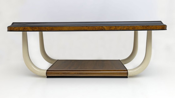 Image 1 of Art Deco Italiaanse notenhouten glazen tafel met olifant slagtandpoten, jaren '30