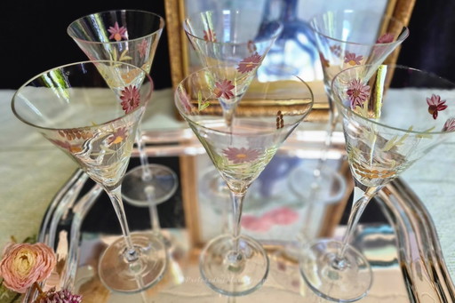 6x Theresienthal Meisterglas Gläser auf hohen Stielen, mit Gold, Rosa und Limettengrün