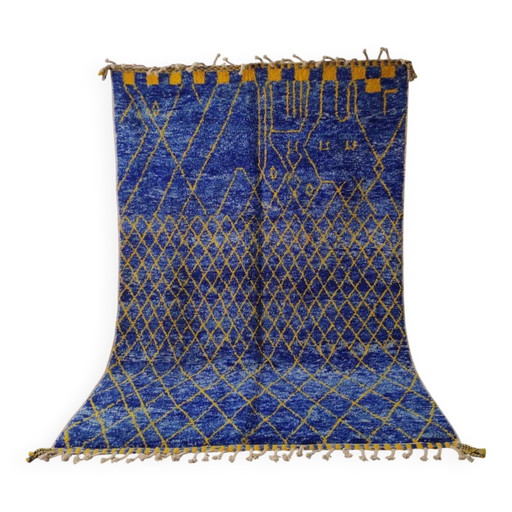 Large Royal Blue and Yellow Beni Ouarain Rug, Geometric Patterns 3x2M