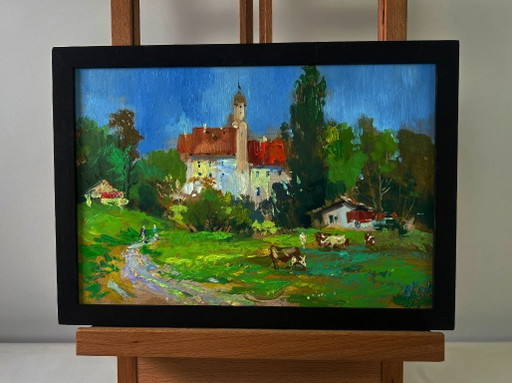 Original Oil Painting Summer Village Landscape Castle overlooking the endless steppe