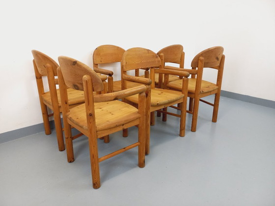 Image 1 of Set van 6 vintage Scandinavische Rainer Daumiller fauteuils van grenenhout uit de jaren 70.