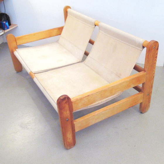 Image 1 of Pine and fabric bench from the 1980s