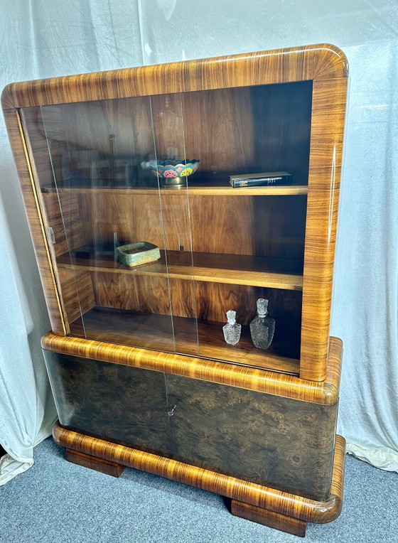 Antique Art Deco Style Display Cabinet Burr Walnut 1920s/30s, Wood, Brown (photo 6 of 15)