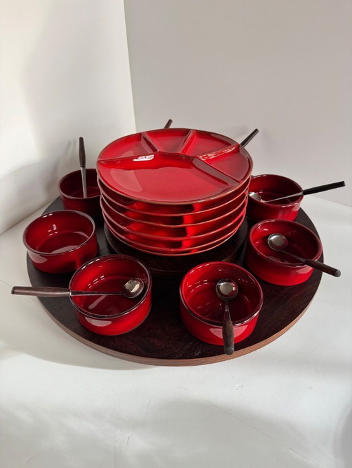 Vintage lazy susan, fondue set, snack set, turntable.