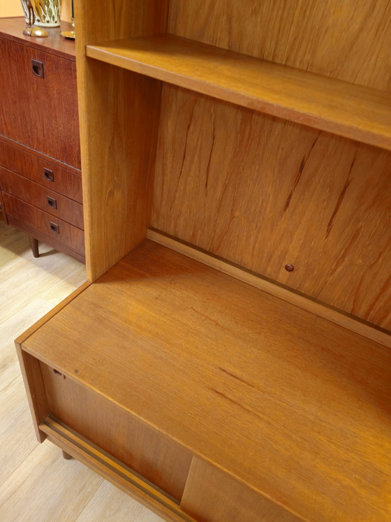 Image 1 of Vintage Danish Teak Highboard Bookcase Sliding Door Cabinet