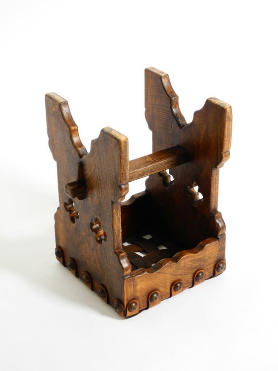 Image 1 of Bellissimo sgabello in rovere degli anni '40 con seduta realizzata con cinghie di cuoio