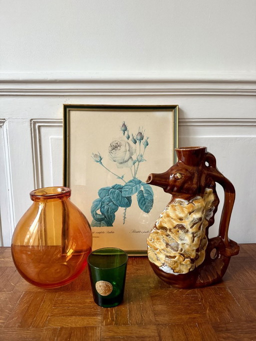 Pichet barbotine en forme d'hippocampe fat lava années 60 vintage ile de ré en céramique fait main