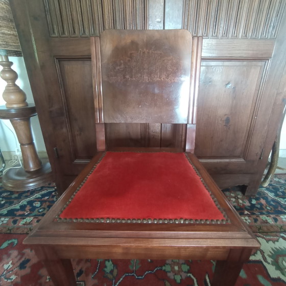 Unique Set of 4 Curated Art Deco Chairs – Top Quality Bookmatch Burr Walnut – Dining chairs, Velvet, Metal (photo 5 of 9)
