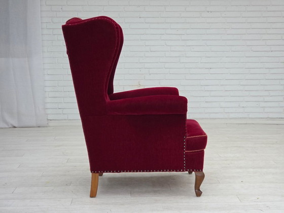 Image 1 of 1960s, Danish highback wingback armchair, cherry-red furniture velour.
