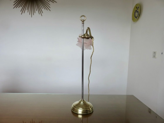Image 1 of Lampada da gioielleria Art nouveau in bronzo e tulipani in pasta di vetro rosa