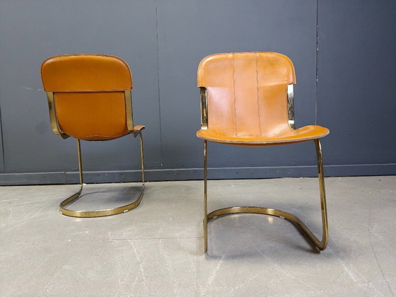 Image 1 of Vintage brass and cognac leather dining chairs by Willy Rizzo for cidue set of 4, 1970s