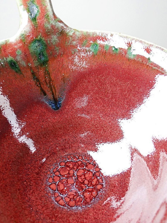 Image 1 of Saucière en grès émaillé Fontgombault, rouge et vert, vintage 1960-1970