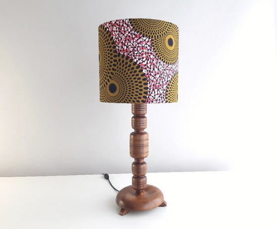 Image 1 of Unique vintage wooden lamp base with handmade lampshade made of African wax fabric