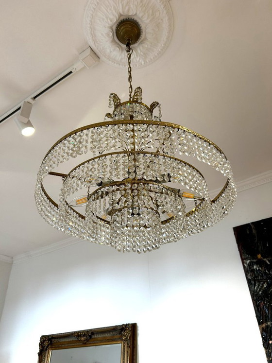 Antique 9-light crystal chandelier, France, brass, lead crystal – Glass (photo 3 of 5)