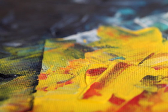 Image 1 of Acrylic painting on canvas in blue, pink, and yellow.