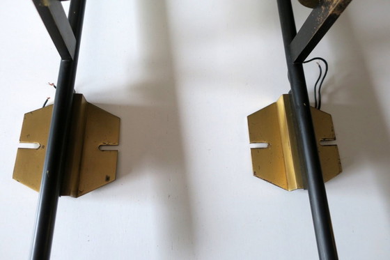 Image 1 of Pair of Brass and Opaline Glass Wall Lights, Stilnovo Period, Italy 1940s-50s