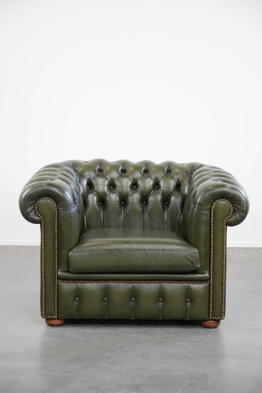 Groene rundleren Chesterfield clubfauteuil in Engelse stijl 