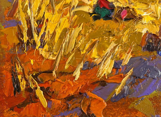 Image 1 of Original Oil Painting Evening House Landscape After the harvest - peace