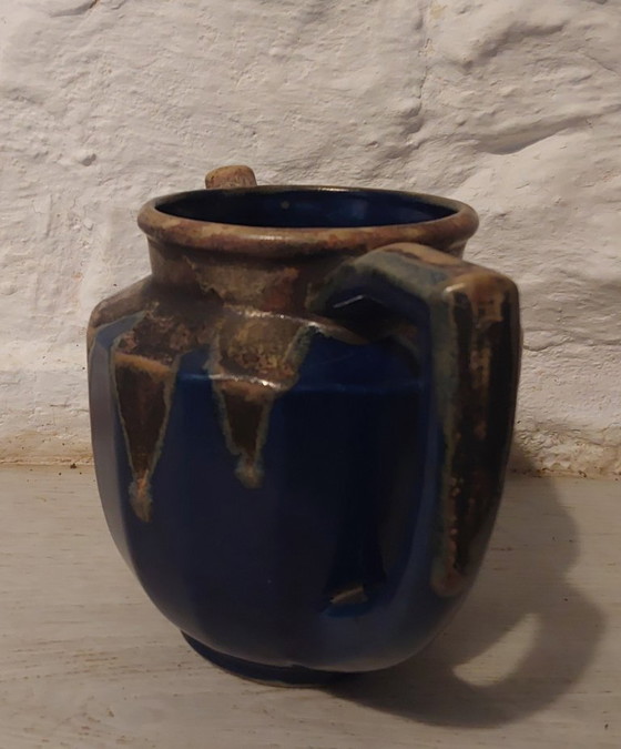 Image 1 of Blue and gold pitcher signed Denbac