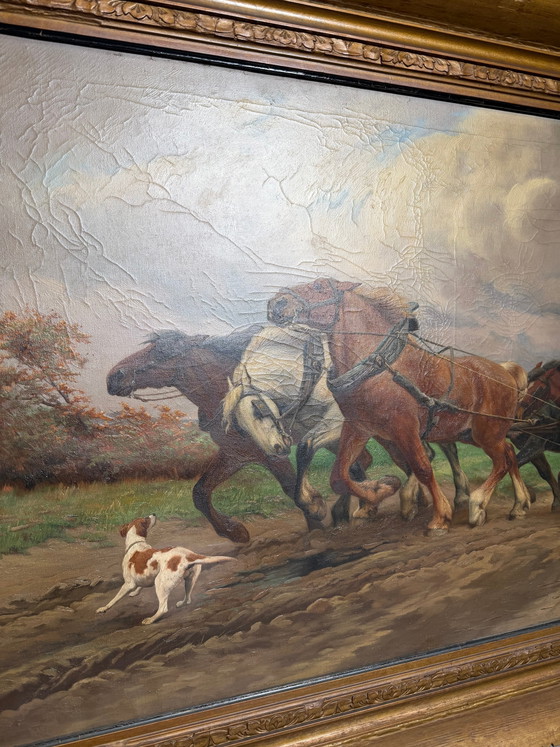 Jef Van Leemputten (Amberes, 1865–1948) – Gran óleo sobre lienzo “Caballos de granja trabajando” (photo 5 of 6)